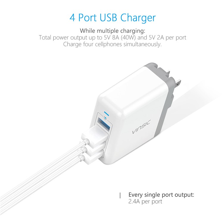 VINSIC VSCW403 4 USB Ports Smart Wall Travel Charger Adapter for iPhone iPad Samsung - US Plug-2