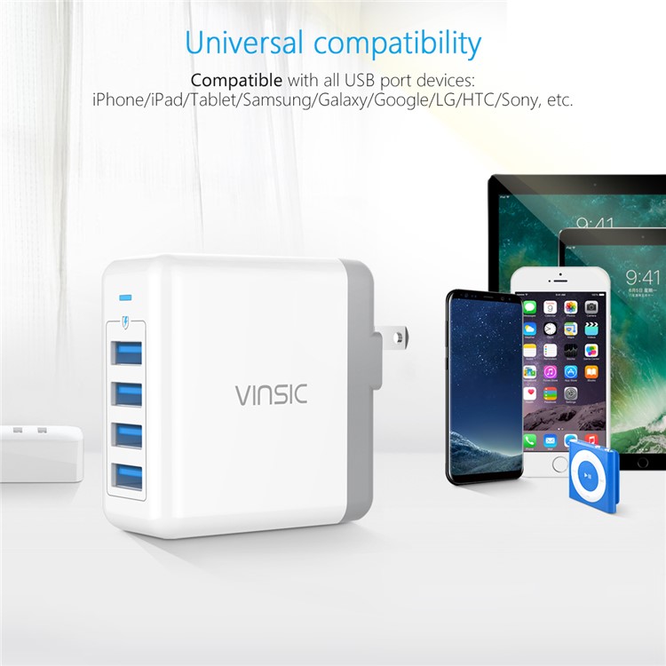 VINSIC VSCW403 4 USB Ports Smart Wall Travel Charger Adapter for iPhone iPad Samsung - US Plug-3