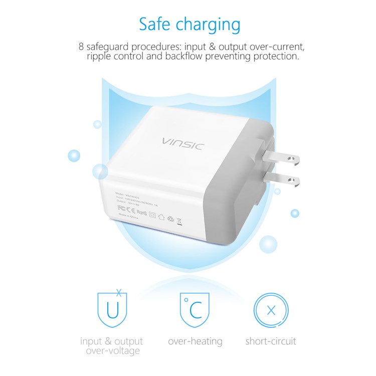 VINSIC VSCW403 4 USB Ports Smart Wall Travel Charger Adapter for iPhone iPad Samsung - US Plug-4