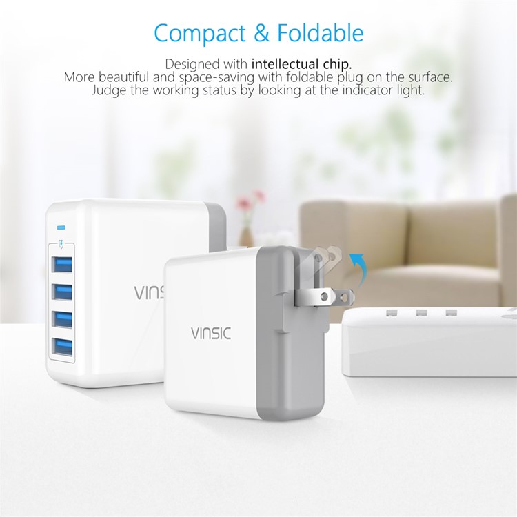 VINSIC VSCW403 4 USB Ports Smart Wall Travel Charger Adapter for iPhone iPad Samsung - US Plug-5