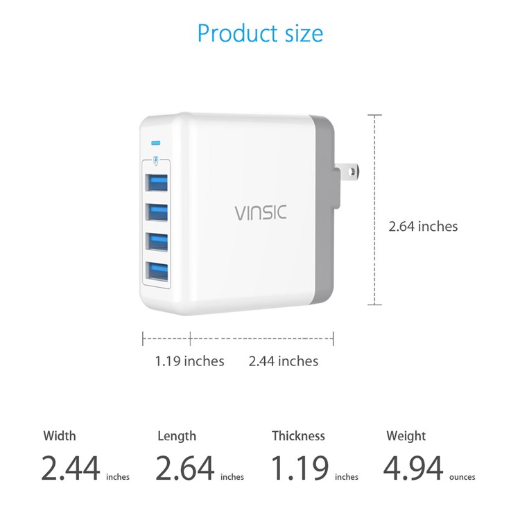 VINSIC VSCW403 4 USB Ports Smart Wall Travel Charger Adapter for iPhone iPad Samsung - US Plug-6