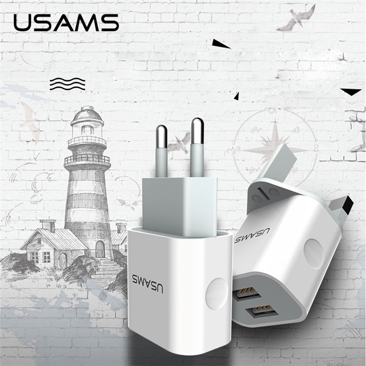 USAMS Double Ports USB Travel Charger + Micro USB Charging Cable for Huawei Xiaomi - White / EU Plug-2