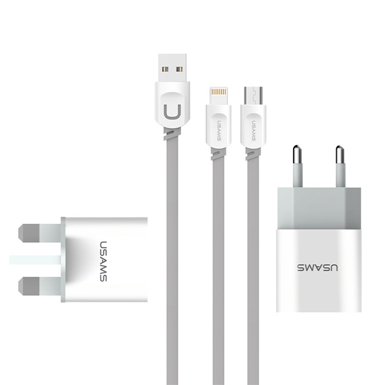USAMS Double Ports USB Travel Charger + Micro USB Charging Cable for Huawei Xiaomi - White / EU Plug-3