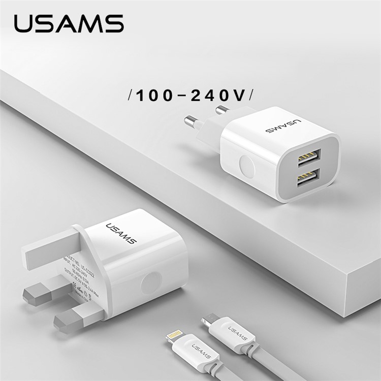 USAMS Double Ports USB Travel Charger + Micro USB Charging Cable for Huawei Xiaomi - White / EU Plug-4
