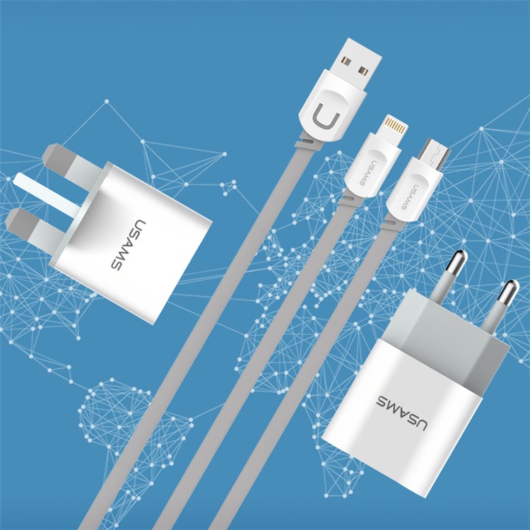 USAMS Double Ports USB Travel Charger + Micro USB Charging Cable for Huawei Xiaomi - White / EU Plug-7