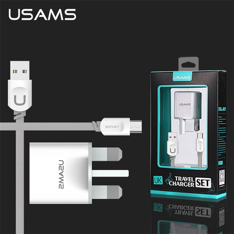 USAMS Double Ports USB Travel Charger + Micro USB Data Transfer Charging Cable for Huawei Xiaomi - White / UK Plug-1