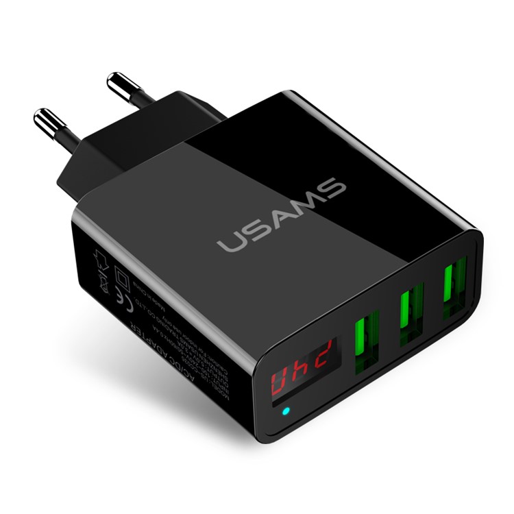 USAMS US-CC035 5V 2.4A 3-port Travel Adapter Wall Charger with Screen Display for iPhone Samsung etc. - EU Plug/Black-1