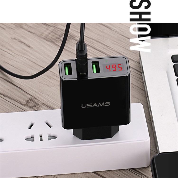 USAMS US-CC035 5V 2.4A 3-port Travel Adapter Wall Charger with Screen Display for iPhone Samsung etc. - EU Plug/Black-10