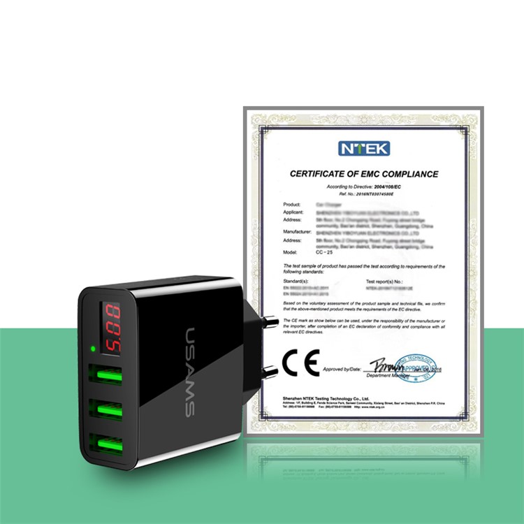 USAMS US-CC035 5V 2.4A 3-port Travel Adapter Wall Charger with Screen Display for iPhone Samsung etc. - EU Plug/Black-11