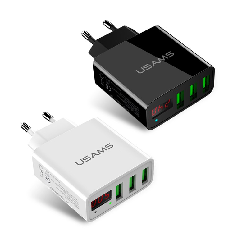 USAMS US-CC035 5V 2.4A 3-port Travel Adapter Wall Charger with Screen Display for iPhone Samsung etc. - EU Plug/Black-12