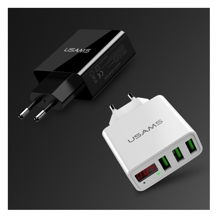 USAMS US-CC035 5V 2.4A 3-port Travel Adapter Wall Charger with Screen Display for iPhone Samsung etc. - EU Plug/Black-13