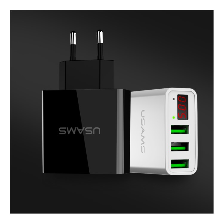 USAMS US-CC035 5V 2.4A 3-port Travel Adapter Wall Charger with Screen Display for iPhone Samsung etc. - EU Plug/Black-14