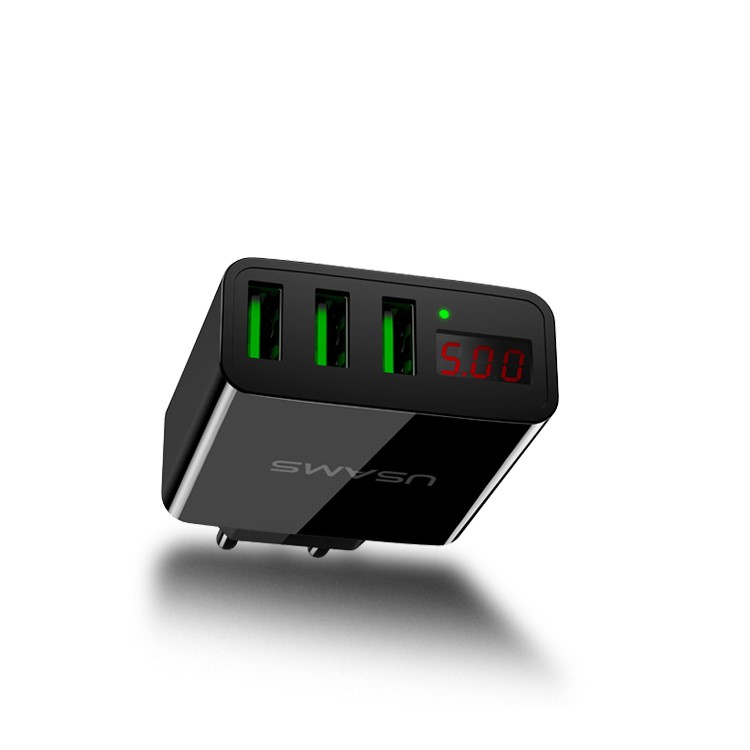 USAMS US-CC035 5V 2.4A 3-port Travel Adapter Wall Charger with Screen Display for iPhone Samsung etc. - EU Plug/Black-2