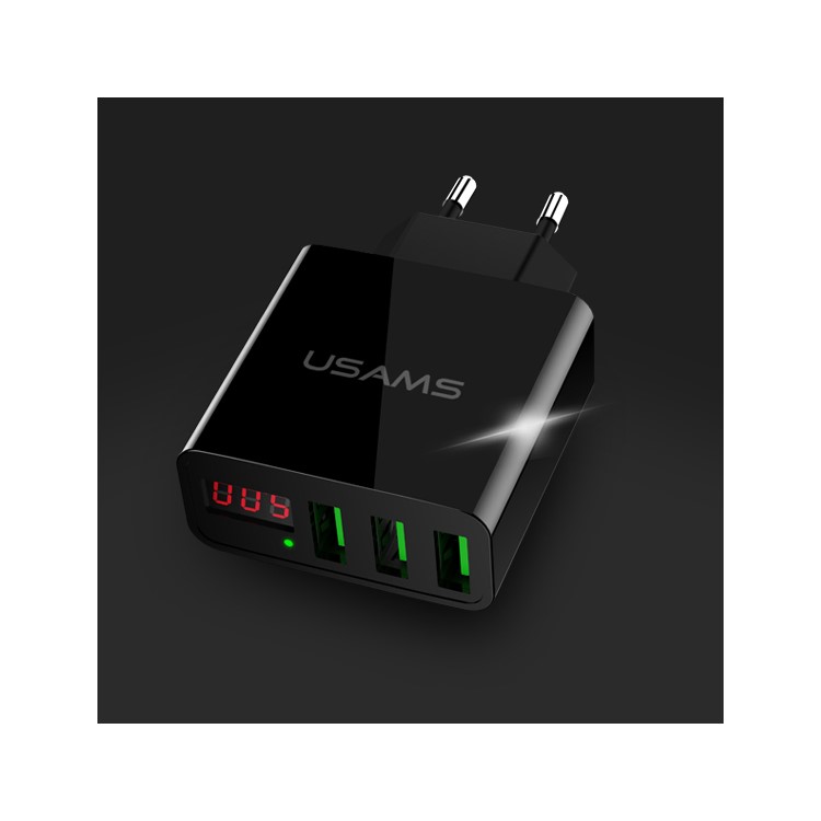 USAMS US-CC035 5V 2.4A 3-port Travel Adapter Wall Charger with Screen Display for iPhone Samsung etc. - EU Plug/Black-3