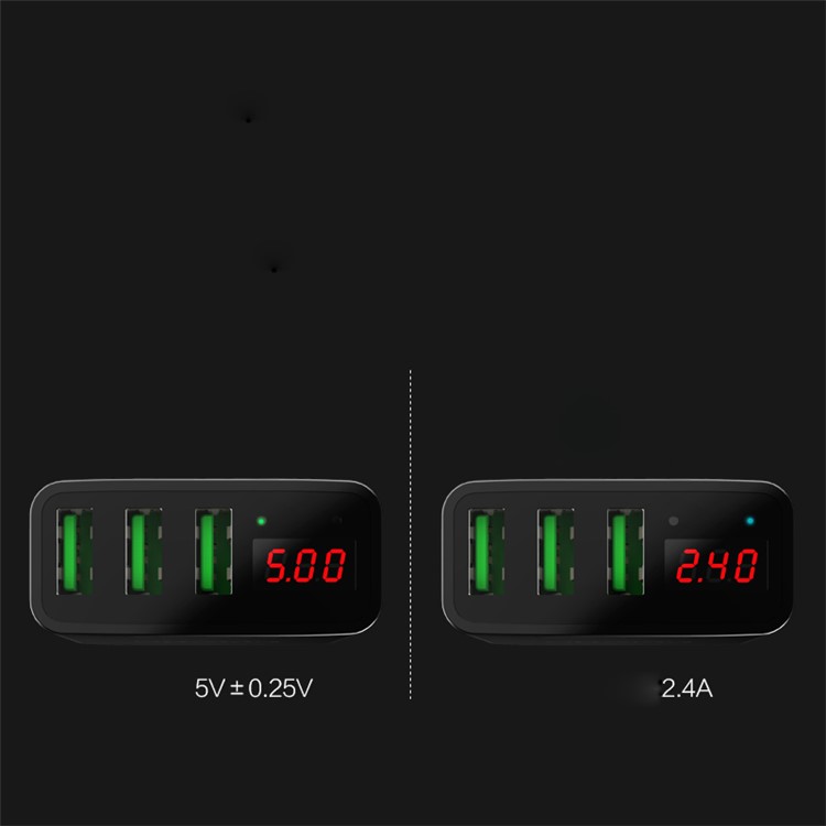 USAMS US-CC035 5V 2.4A 3-port Travel Adapter Wall Charger with Screen Display for iPhone Samsung etc. - EU Plug/Black-4