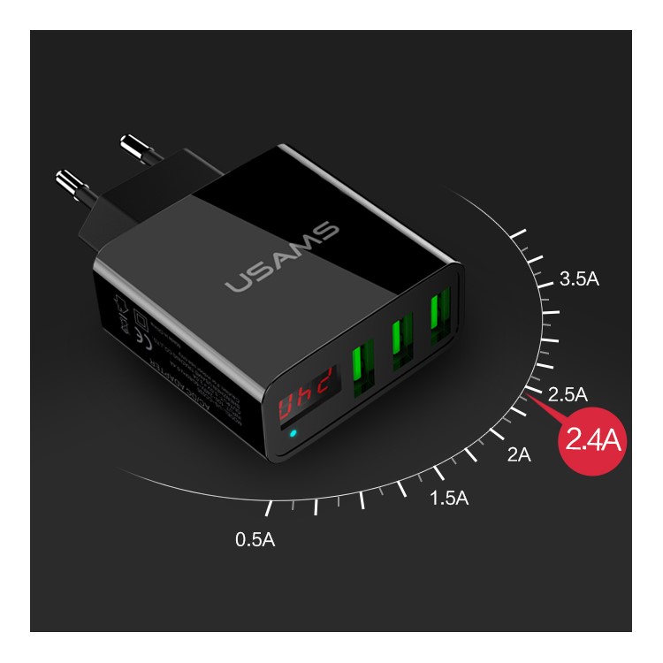 USAMS US-CC035 5V 2.4A 3-port Travel Adapter Wall Charger with Screen Display for iPhone Samsung etc. - EU Plug/Black-5