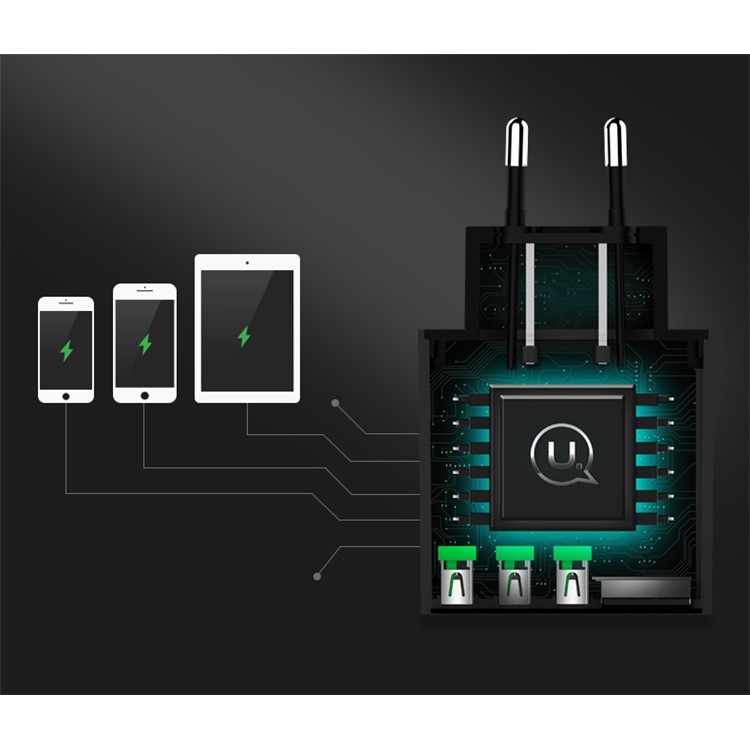 USAMS US-CC035 5V 2.4A 3-port Travel Adapter Wall Charger with Screen Display for iPhone Samsung etc. - EU Plug/Black-6