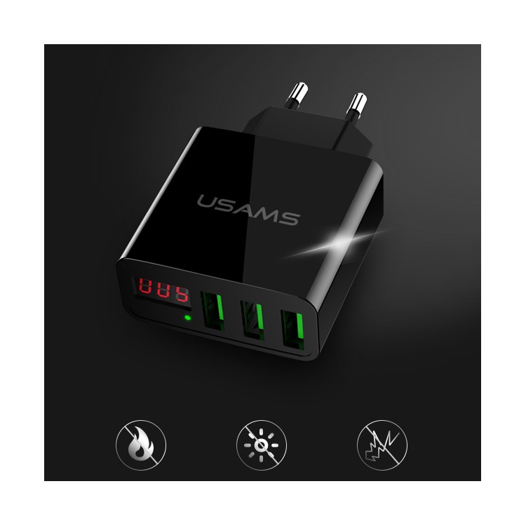 USAMS US-CC035 5V 2.4A 3-port Travel Adapter Wall Charger with Screen Display for iPhone Samsung etc. - EU Plug/Black-7