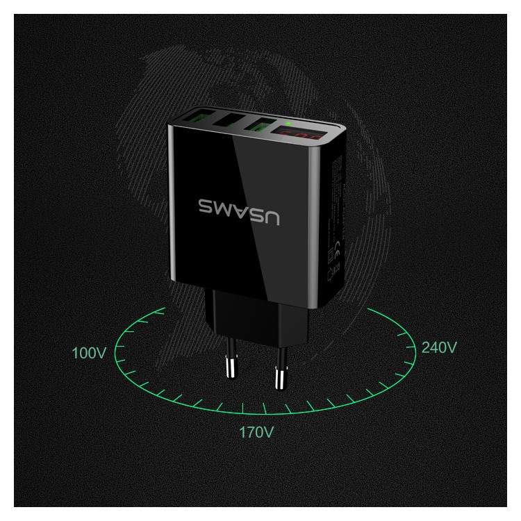 USAMS US-CC035 5V 2.4A 3-port Travel Adapter Wall Charger with Screen Display for iPhone Samsung etc. - EU Plug/Black-9