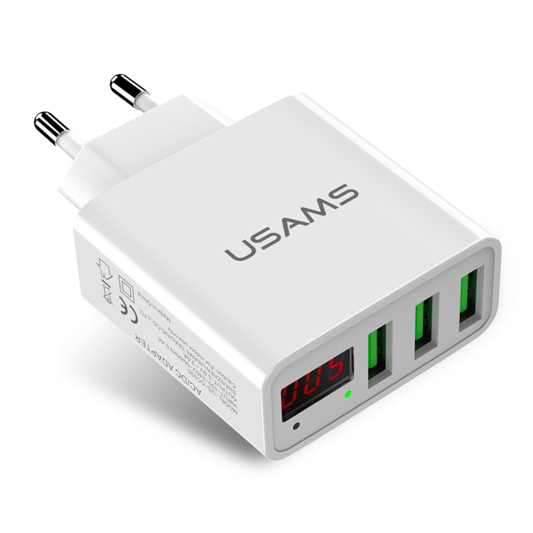USAMS US-CC035 5V 2.4A 3-port Travel Adapter USB Wall Charger with Screen Display for iPhone Samsung etc. - EU Plug/White-1