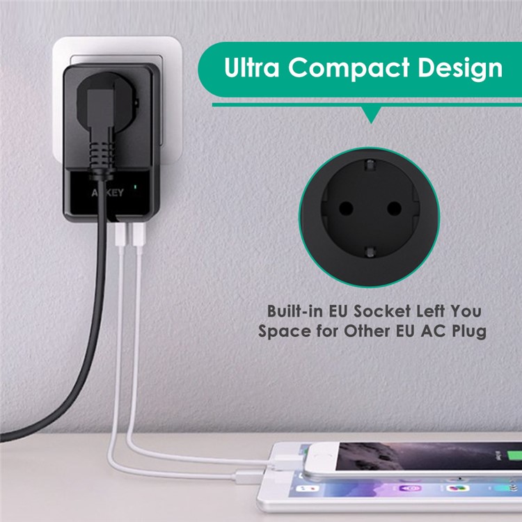 AUKEY 4-Port USB Charger with Built-in EU Socket Universal Travel Wall Charger (PA-S12) - EU Plug-2