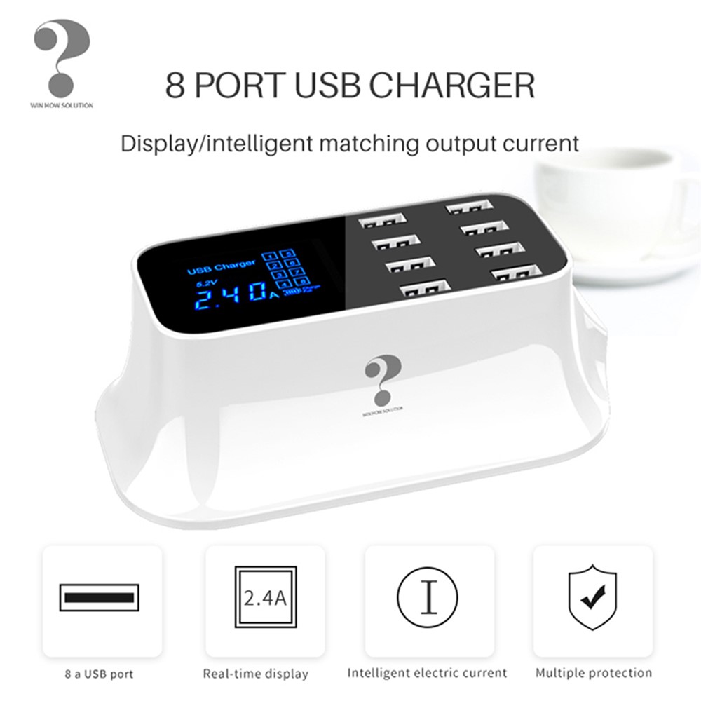 Gane Cómo la Solución YC-CDA19 5V 8A 8 Puertos USB Cargador Inteligente Con Corriente de Salida LCD y Visualización de Voltaje - Superficie Negra / Enchufe de la ue