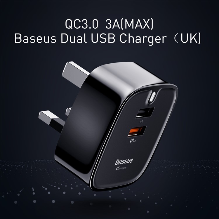 BASEUS Funzi Series Dual USB QC3.0 Fast Charging Travel Charger for iPhone Samsung - Black / UK Plug-3