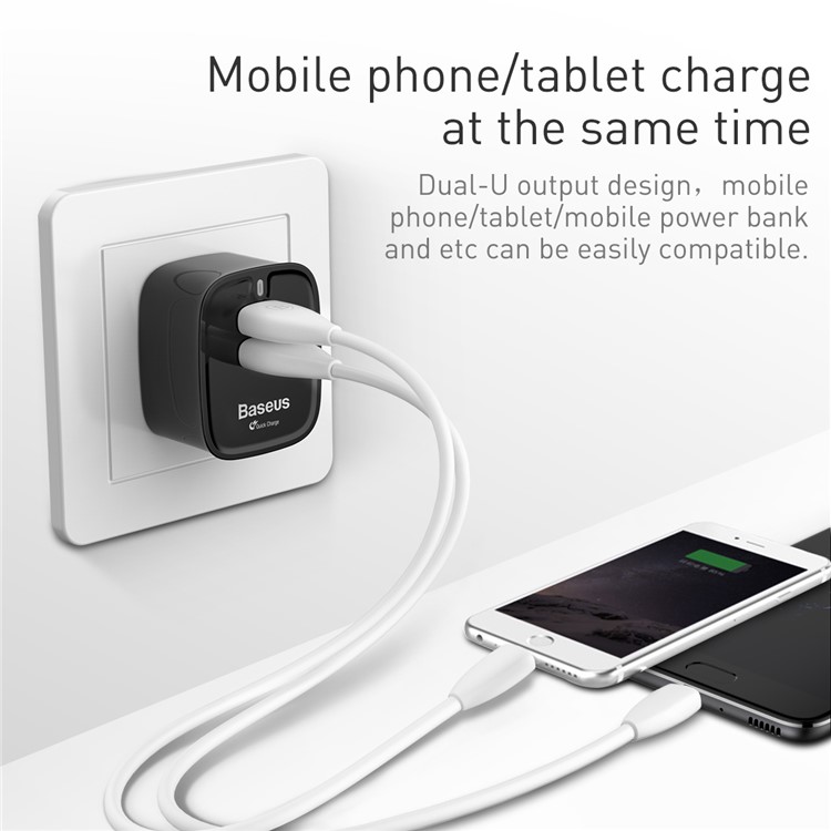 BASEUS Funzi Series Dual USB QC3.0 Fast Charging Travel Charger for iPhone Samsung - Black / UK Plug-7