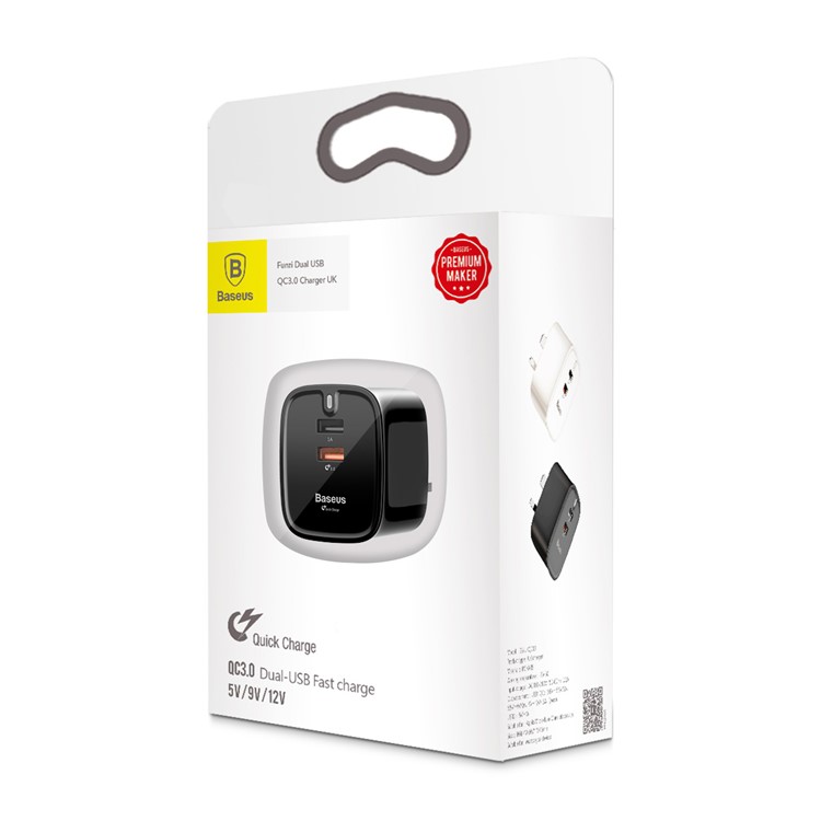 BASEUS Funzi Series Dual USB QC3.0 Fast Charging Travel Charger for iPhone Samsung - Black / UK Plug-8