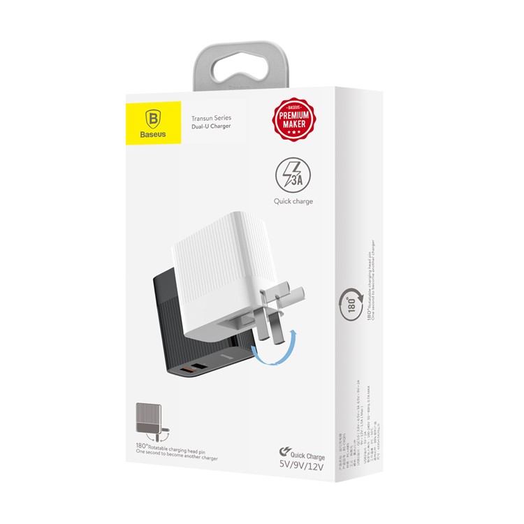 BASEUS Transun Series QC 3.0 Quick Charger Double USB Foldable Plug Portable Travel Wall Charger - White-7