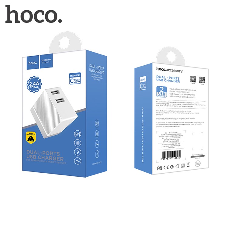 HOCO C23A 5V 2.4A Dual USB Port Travel Wall Charger for iPhone Samsung - UK Plug-6