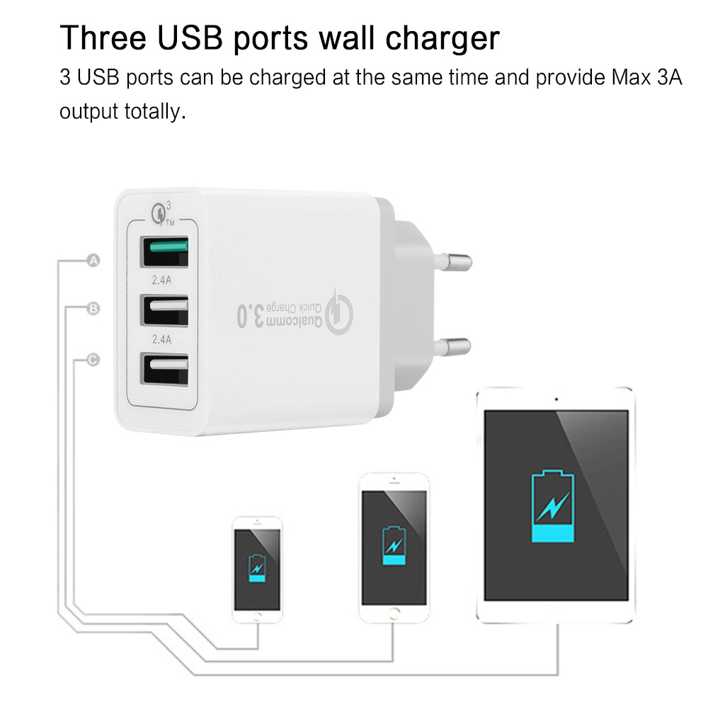 3 Ports Quick Charger QC 3.0 30W USB Charger Travel Adapter for iPhone Samsung Huawei - EU Plug-4