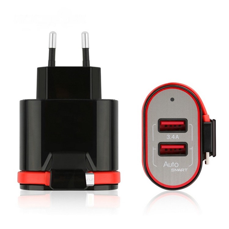 XBX-05 3.4A Dual USB Output Travel Wall Charger with Built-in Micro USB Cable - EU Plug / Black-1