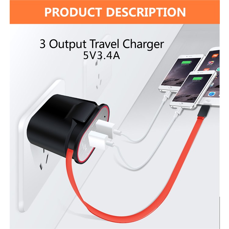 XBX-05 3.4A Dual USB Output Travel Wall Charger with Built-in Micro USB Cable - EU Plug / Black-10