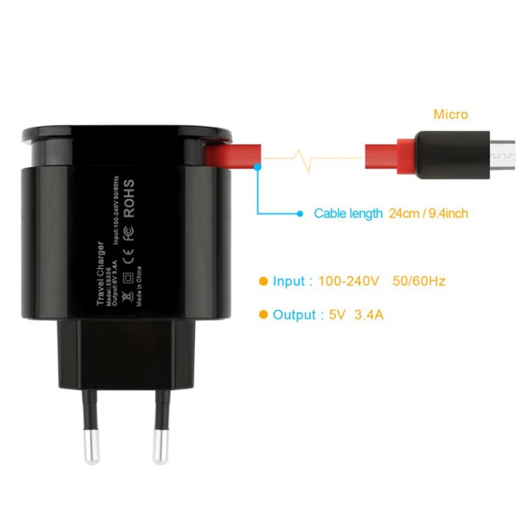 XBX-05 3.4A Dual USB Output Travel Wall Charger with Built-in Micro USB Cable - EU Plug / Black-12