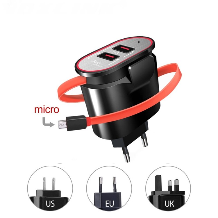 XBX-05 3.4A Dual USB Output Travel Wall Charger with Built-in Micro USB Cable - EU Plug / Black-18