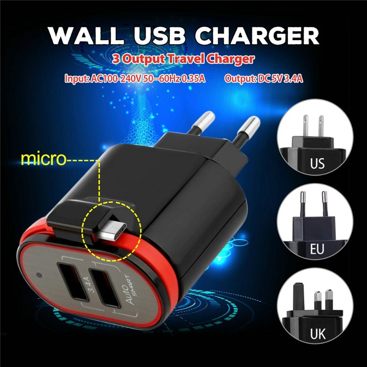 XBX-05 3.4A Dual USB Output Travel Wall Charger with Built-in Micro USB Cable - EU Plug / Black-19
