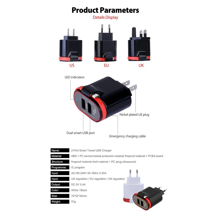 XBX-05 3.4A Dual USB Output Travel Wall Charger with Built-in Micro USB Cable - EU Plug / Black-20