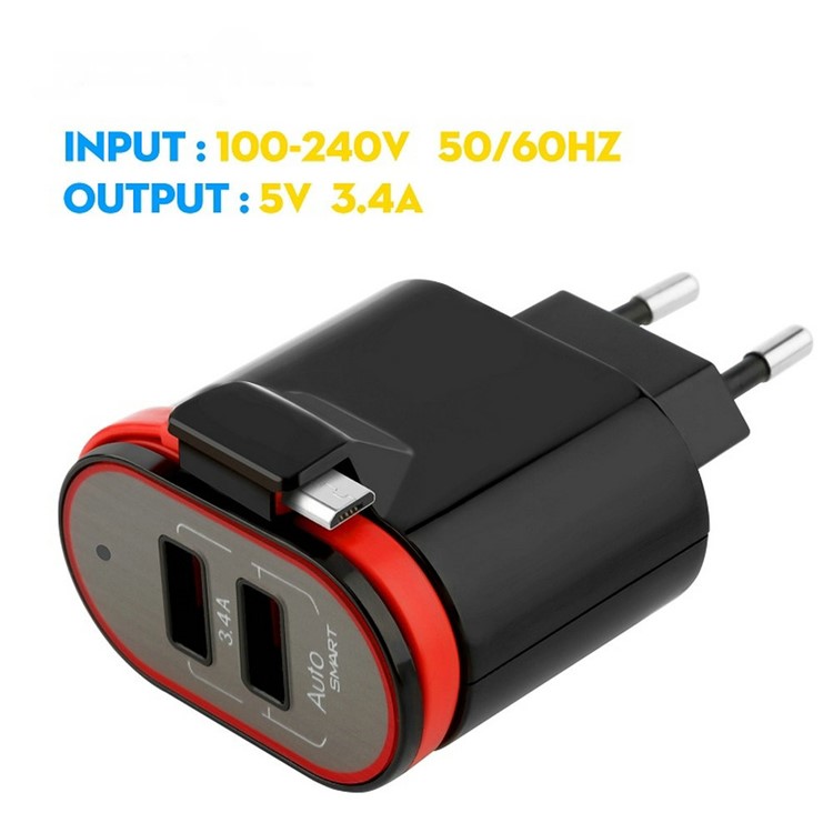 XBX-05 3.4A Dual USB Output Travel Wall Charger with Built-in Micro USB Cable - EU Plug / Black-3