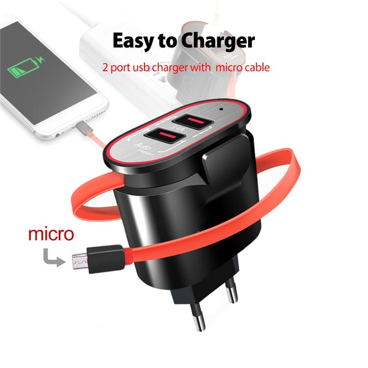 XBX-05 3.4A Dual USB Output Travel Wall Charger with Built-in Micro USB Cable - EU Plug / Black-7