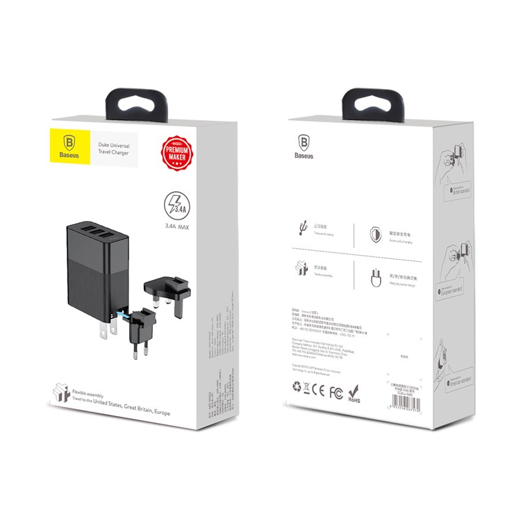 BASEUS 3.4A Universal Three USB Ports Travel Charger Adapter for Apple Samsung Sony(with US Plug/EU Plug/UK Plug Connecter) - Black -6