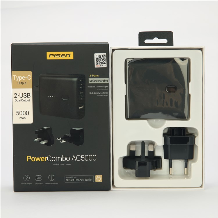 PISEN 2-in-1 Wall Travel Charger with USB-C Output 5000mAh External Battery Power Bank-124