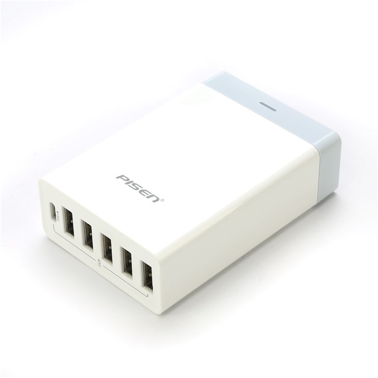 

PISEN Type-C + 5 Ports USB Travel Charger Adapter for iPhone iPad Samsung - US Plug, iPhone X