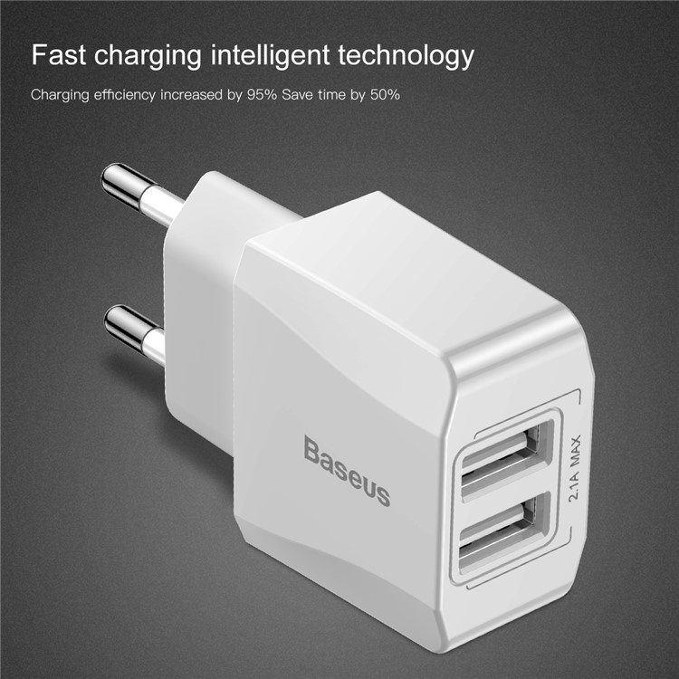 BASEUS 2.1A Dual USB Port Travel Charger Wall Adapter for iPhone iPad Samsung Etc. - EU Plug / White-4