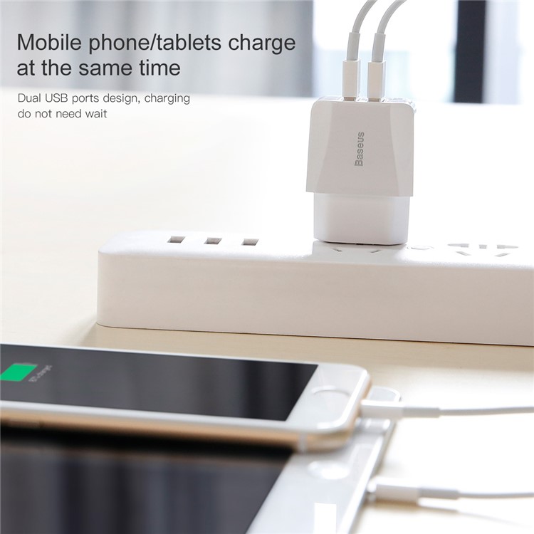 BASEUS 2.1A Dual USB Port Travel Charger Wall Adapter for iPhone iPad Samsung Etc. - EU Plug / White-5