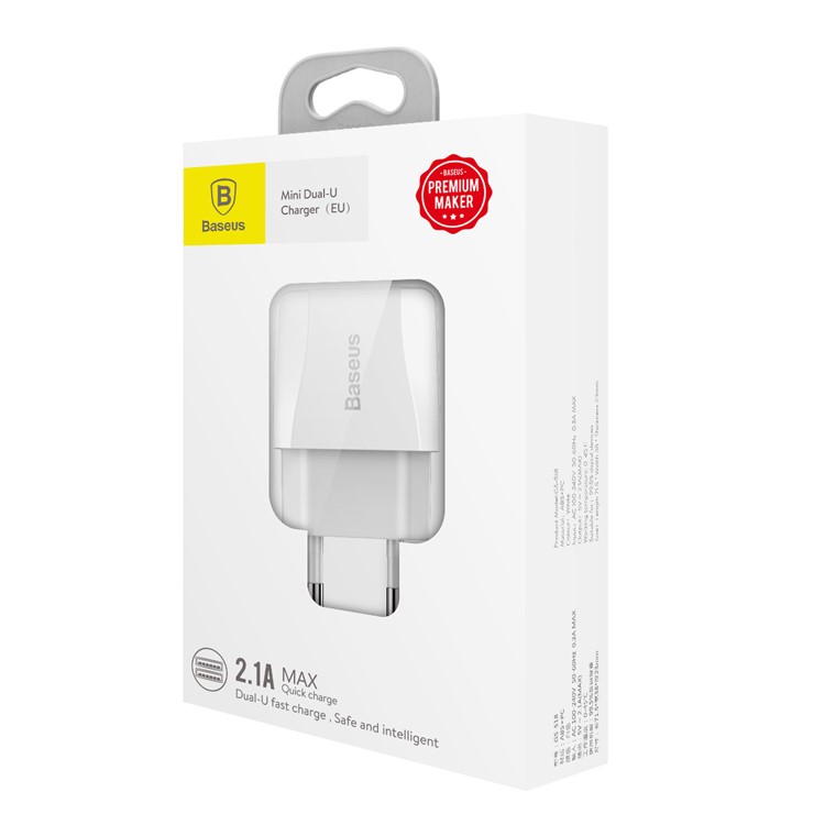 BASEUS 2.1A Dual USB Port Travel Charger Wall Adapter for iPhone iPad Samsung Etc. - EU Plug / White-10