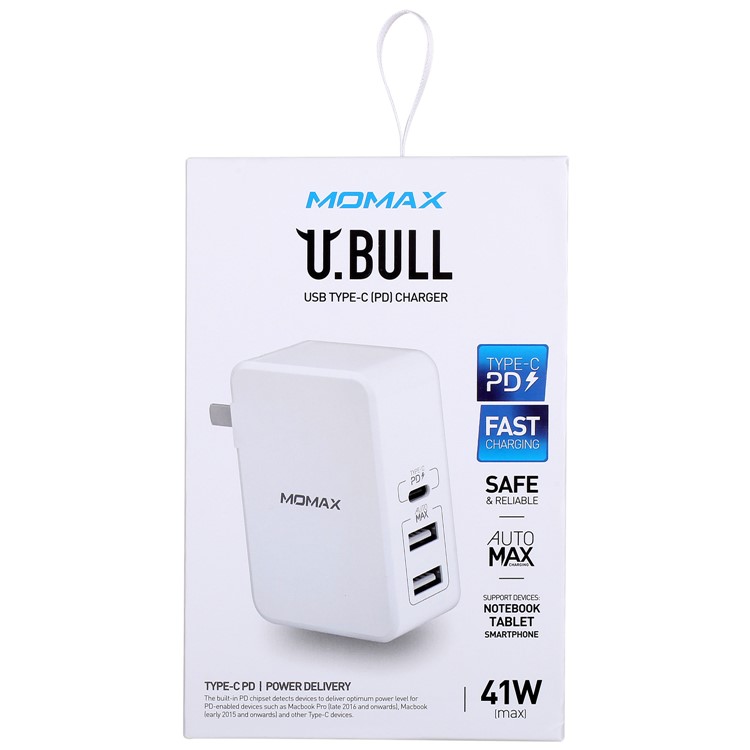 MOMAX 41W PD Quick Charge Type-C + Dual USB Ports Wall Charger - US Plug-17