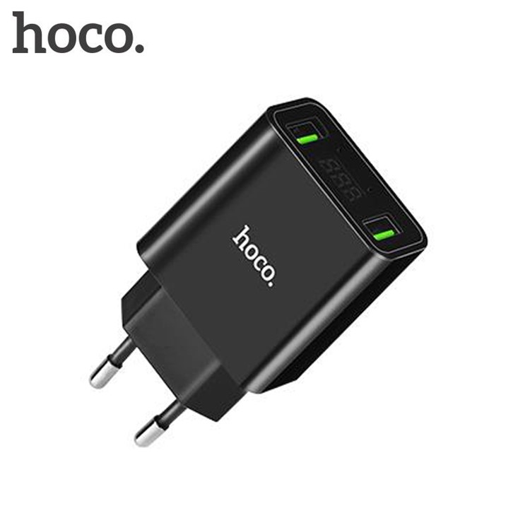 HOCO C25A Cool Dual USB 2.2A Wall Travel Charger with LED Display - EU Plug / Black-1