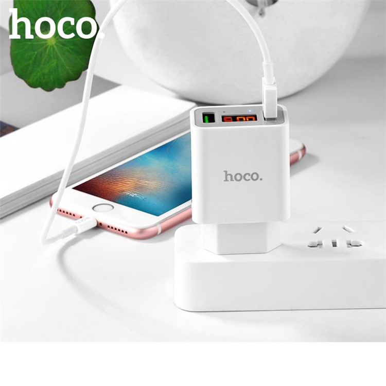 HOCO C25A Cool 2.2A Dual USB Wall Charger Adapter with LED Display - EU Plug / White-4