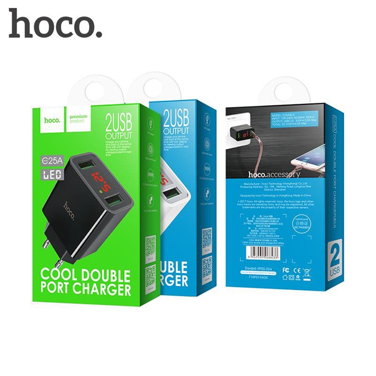 HOCO C25A Cool 2.2A Dual USB Wall Charger Adapter with LED Display - EU Plug / White-7